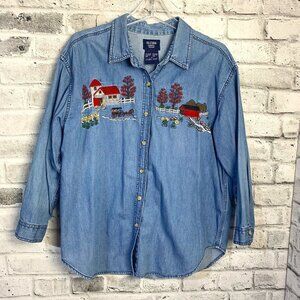 Vintage 90s Embroidered Denim Button Down Cottagecore Shirt